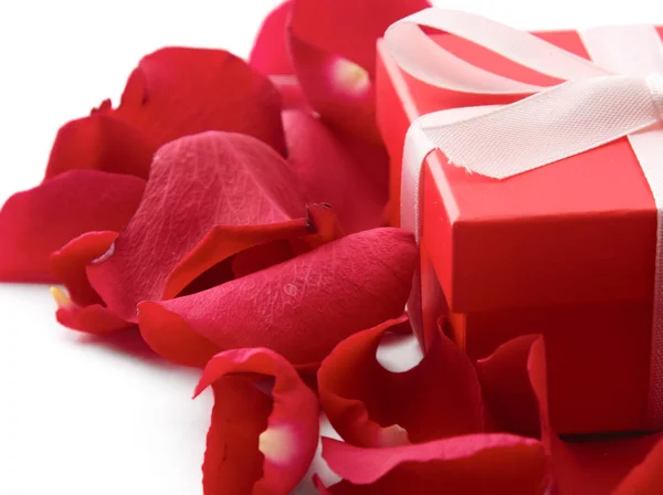 Caja de regalo y pétalos de rosa roja aislados sobre fondo blanco — Foto de Stock