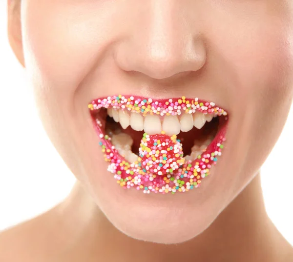 Woman lips cute sweet candy — Stock Photo, Image