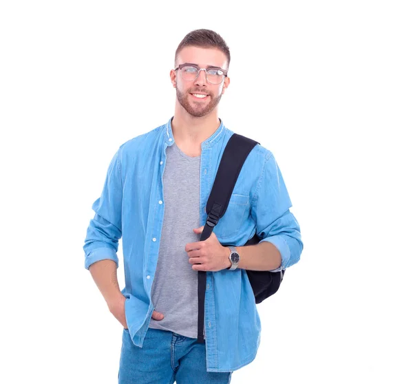 Giovane uomo in piedi con borsa isolata su sfondo bianco — Foto Stock