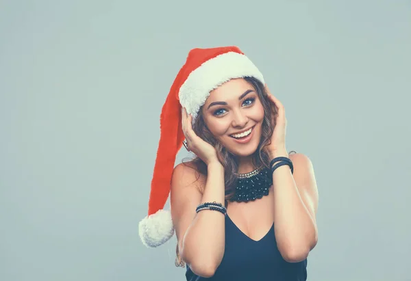 Ritratto di bella modella donna indossare cappello di Babbo Natale — Foto Stock