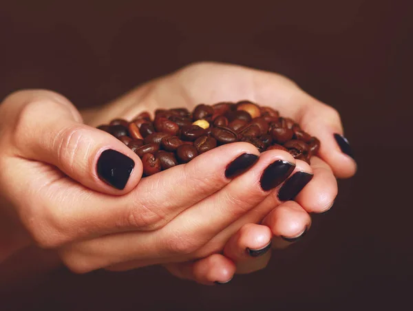 Mãos femininas copos segurando grãos de café — Fotografia de Stock