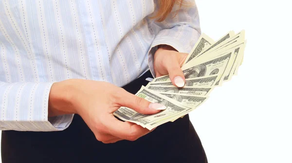 A womans hands are counting dollars on white — Stock Photo, Image