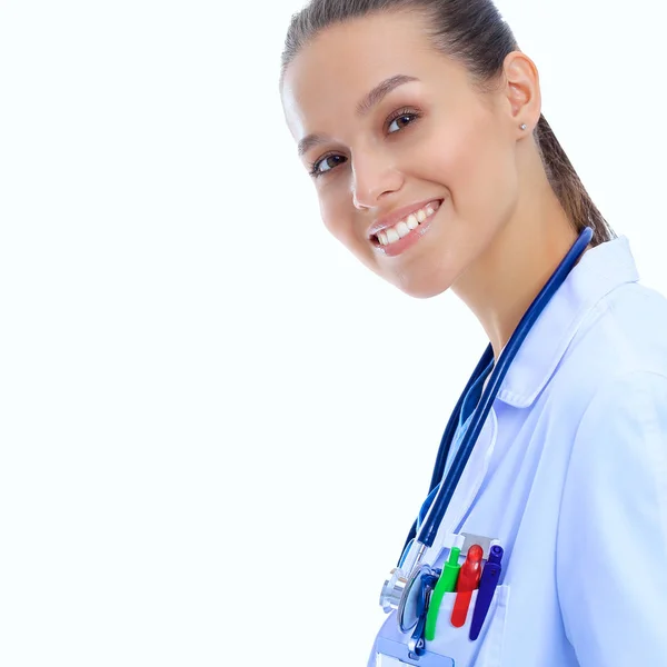 Schöne kaukasische Krankenschwester auf weißem Hintergrund. — Stockfoto