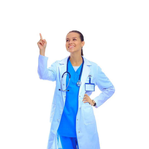 흰 배경에 고립되어 있는 한 여의사 의사 의사 의사의 초상화 — 스톡 사진