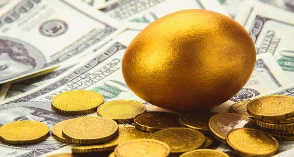 A gold egg lying on dollars and coins — Stock Photo, Image