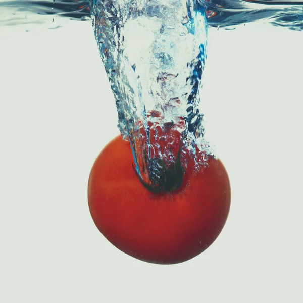 Fesh tomate salpicando para fora da água sobre fundo branco — Fotografia de Stock