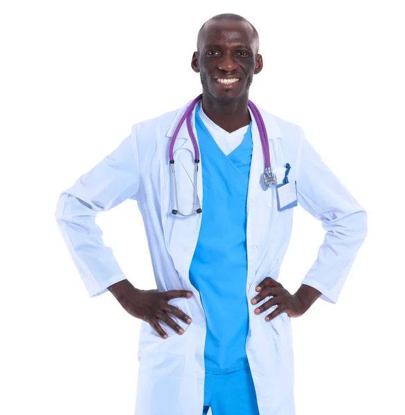 Portrait of a doctor man standing isolated on white background — Stock Photo, Image