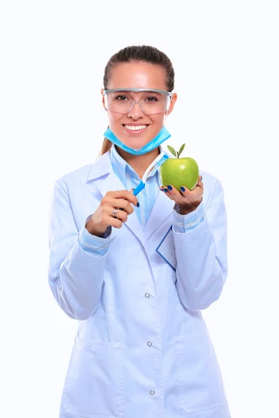 Dentist medical doctor woman hold green fresh apple in hand and tooth brush — Stock Photo, Image