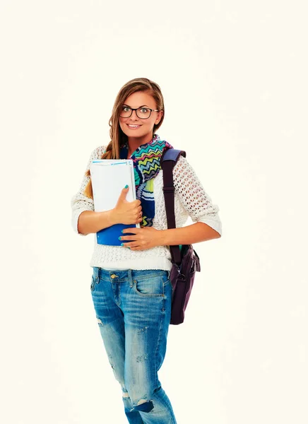 Portrait d'une jeune étudiante tenant des cahiers d'exercices . — Photo