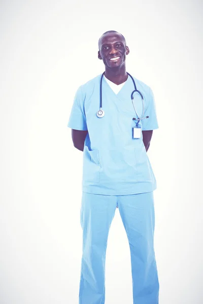 Portrait of a doctor man standing isolated on white background — Stock Photo, Image