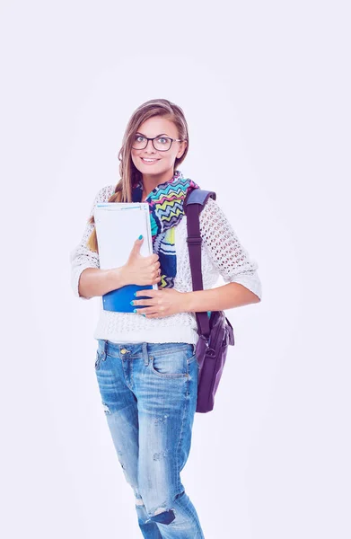 Portrait of a young student woman holding exercise books. — Stock Photo, Image