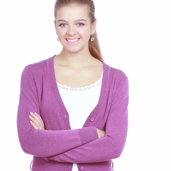 Young woman standing with folded arms isolated on white background — Stock Photo, Image