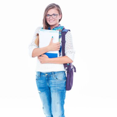 Egzersiz kitap tutan bir genç öğrenci kadın portresi.