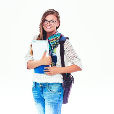 Egzersiz kitap tutan bir genç öğrenci kadın portresi.