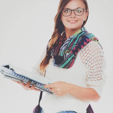 Egzersiz kitap tutan bir genç öğrenci kadın portresi.