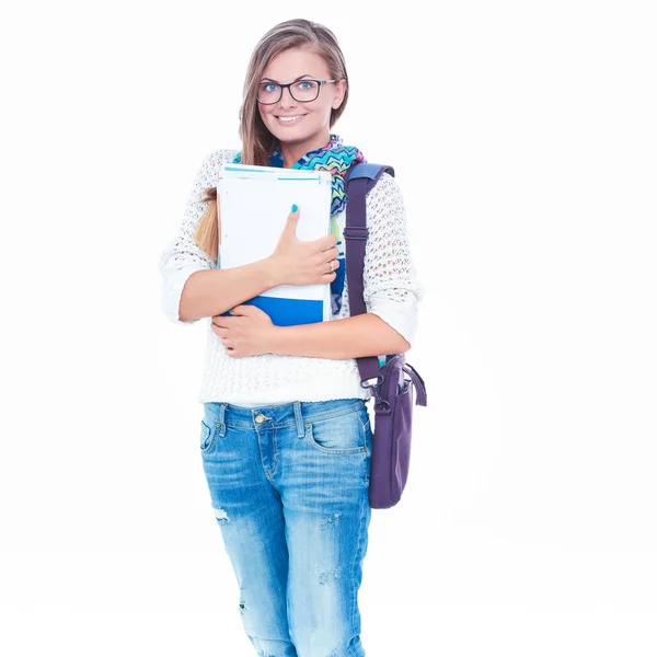 Porträtt av en ung student kvinna med övningsböcker. — Stockfoto