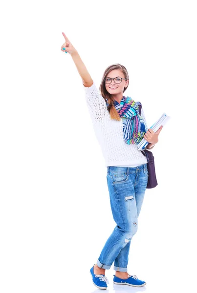 Retrato de uma jovem estudante segurando cadernos de exercícios . — Fotografia de Stock