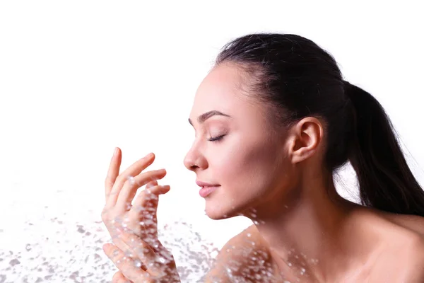 Young beautyful woman under shower in bathroom — Stock Photo, Image