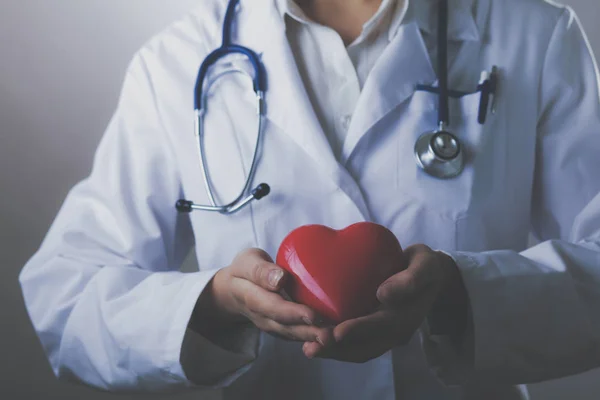 Female doctor with stethoscope holding heart,on dark background — Stock Photo, Image