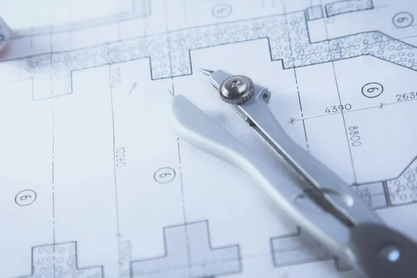 Blue print and plans with drawing compass — Stock Photo, Image