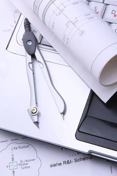 Blue print and plans with drawing compass — Stock Photo, Image