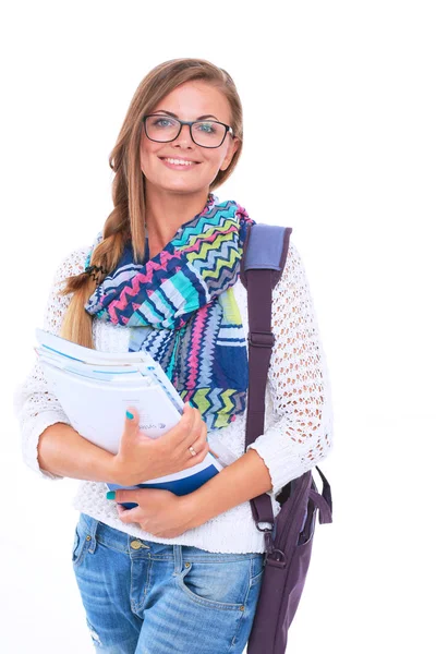 Porträtt av en ung student kvinna med övningsböcker. — Stockfoto
