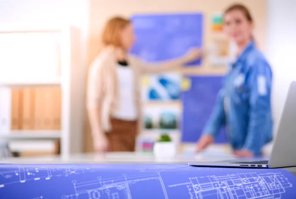 Two young woman standing near desk with instruments, plan and laptop — Stock Photo, Image