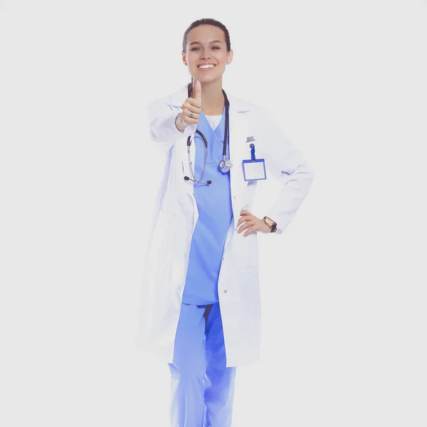 Egy női orvos mutatja rendben, elszigetelt fehér háttér — Stock Fotó