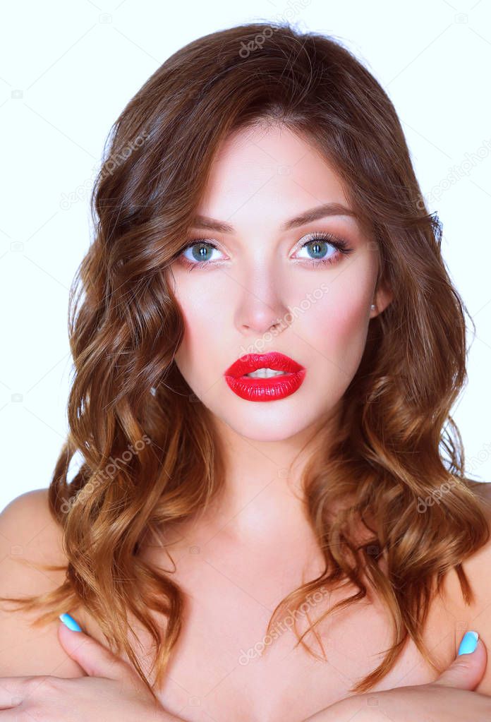 Beautiful woman skin with red lips on white background