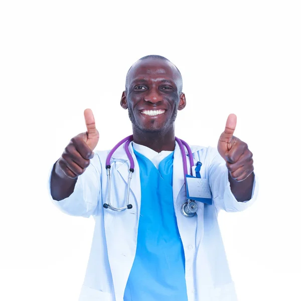 Portrait of doctor showing you ok sign standing in a white uniform on isolated background — Stock Photo, Image
