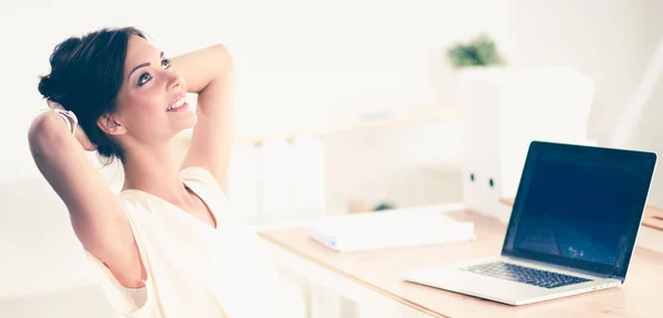 Thinking office worker day dreaming looking up smiling — Stock Photo, Image