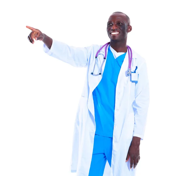Man van de arts met de stethoscoop punt vinger omhoog — Stockfoto