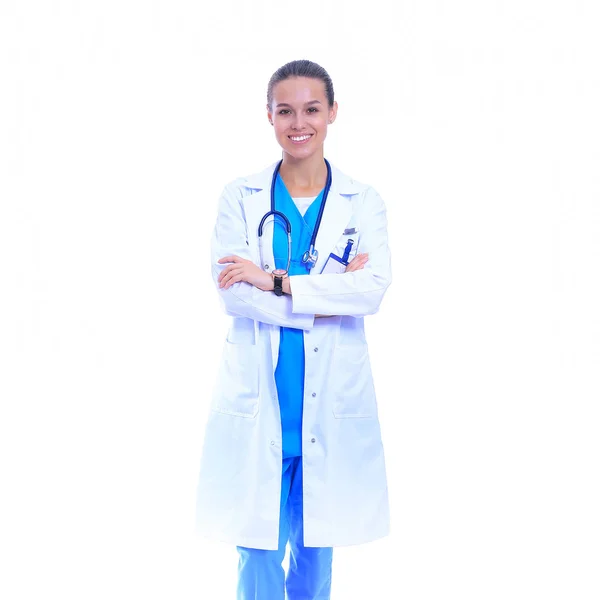 Woman doctor with stethoscope standing with arms crossed isolated on a white background — Stock Photo, Image