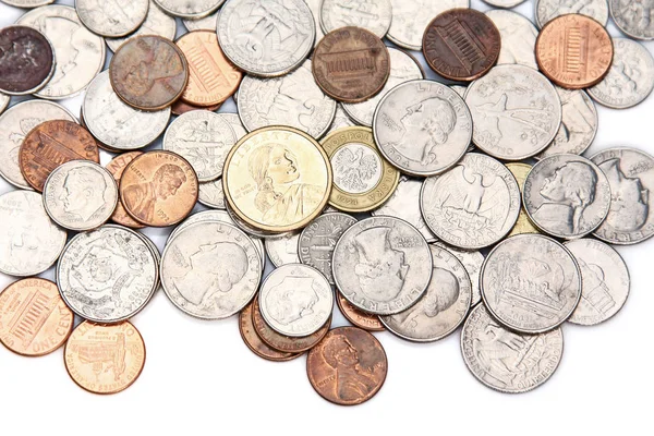 Viele Münzen Geld Euro Dollar Bargeld auf dem Schreibtisch — Stockfoto