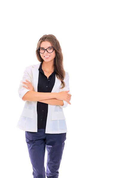 Jovem de pé, isolada sobre fundo branco. Jovem mulher . — Fotografia de Stock