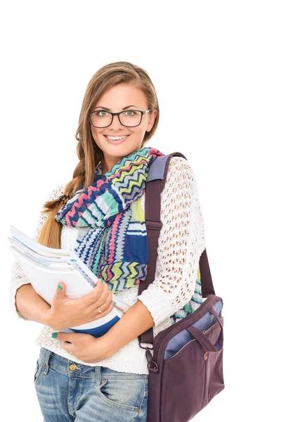 Retrato de jovem estudante segurando cadernos de exercícios. Estudante. Universidade — Fotografia de Stock
