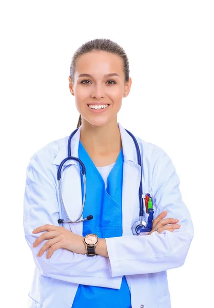 Beautiful young woman in white coat posing with hand in pocket. Woman doctor — Stock Photo, Image