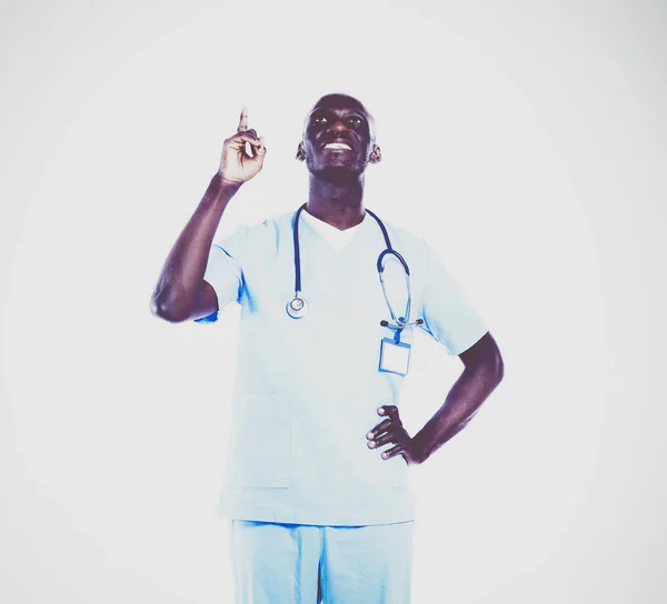 Man van de arts met de stethoscoop punt vinger omhoog — Stockfoto