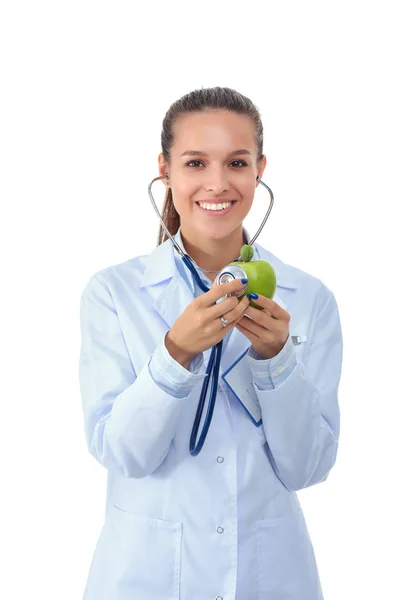 Médico médico mujer examinando manzana con estetoscopio. Mujeres doctores —  Fotos de Stock