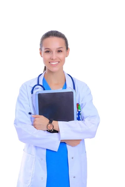 Mulher bonita jovem com computador tablet. Mulheres médicas — Fotografia de Stock