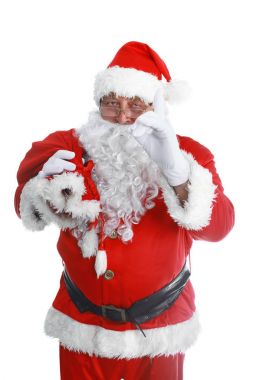gerçek Noel Baba büyük çanta dolusu hediye izole beyaz zemin üzerine, taşıma