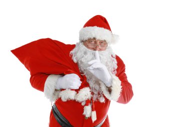 gerçek Noel Baba büyük çanta dolusu hediye izole beyaz zemin üzerine, taşıma