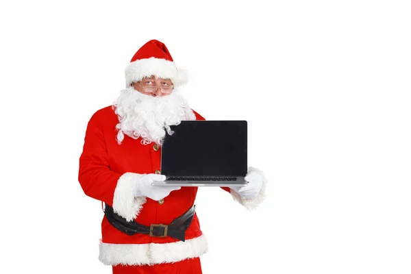 Санта Клаус представляет ноутбук на белом фоне — стоковое фото