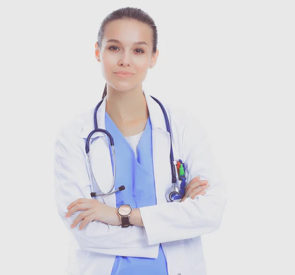 Bela enfermeira caucasiana isolada em fundo branco — Fotografia de Stock
