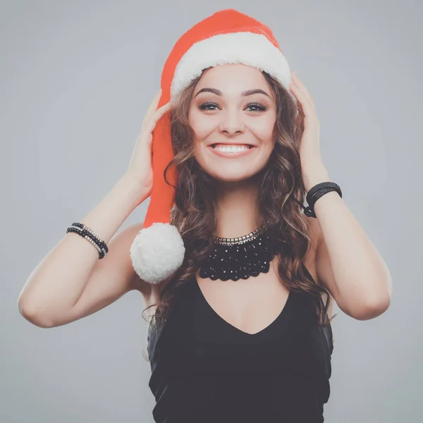 Ritratto di bella modella donna indossare cappello di Babbo Natale — Foto Stock