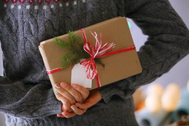 Noel hediye kutusu tutan kadın elleri. Noel