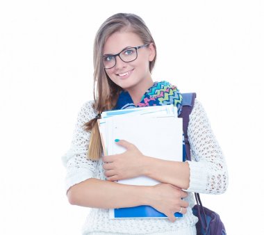 Egzersiz kitap tutan bir genç öğrenci kadın portresi.