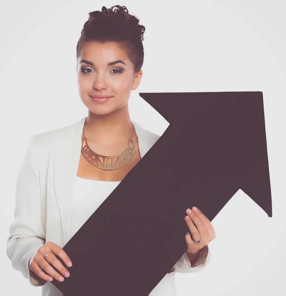 Belle jeune femme d'affaires tenant des flèches noires, sur un fond blanc — Photo