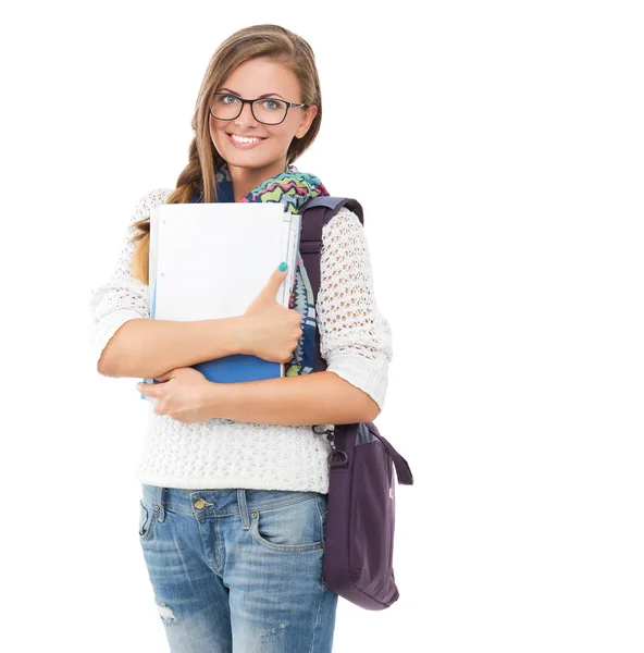 Porträt einer jungen Studentin mit Schulheften. — Stockfoto