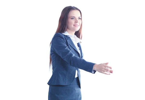 Jovem mulher de negócios pronta para aperto de mão de pé no escritório — Fotografia de Stock